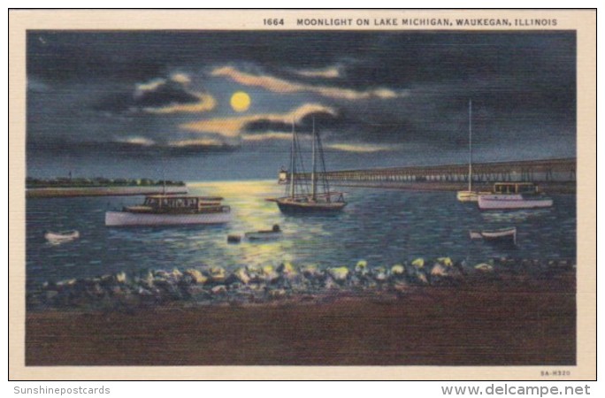Illinois Waukegan Moonlight On Lake Michigan 1939 Curteich - Waukegan