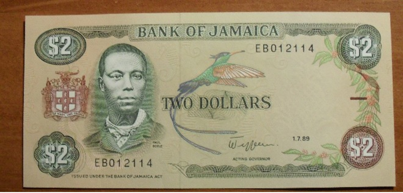 1989 - Jamaique - Jamaica - TWO DOLLARS, Paul Bogle, 1.7.89, EB012114 - Giamaica