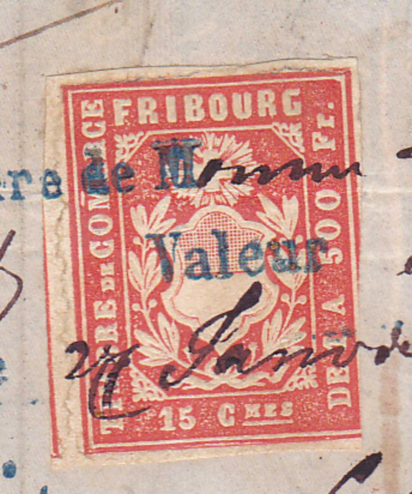 Suisse Mandat à Ordre De 1864 Avec Timbre De Commerce15 Centimes émission De FRIBOURG.Non Dentelé .Complet - Fiscaux