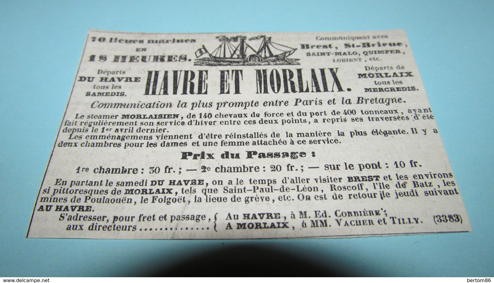 BATEAU A VAPEUR - LE STEAMER " MORLAISIEN " - HAVRE ET MORLAIX - BREST/QUIMPER/LORIENT..ANNONCE PUBLICITAIRE DE 1840 - - Publicidad