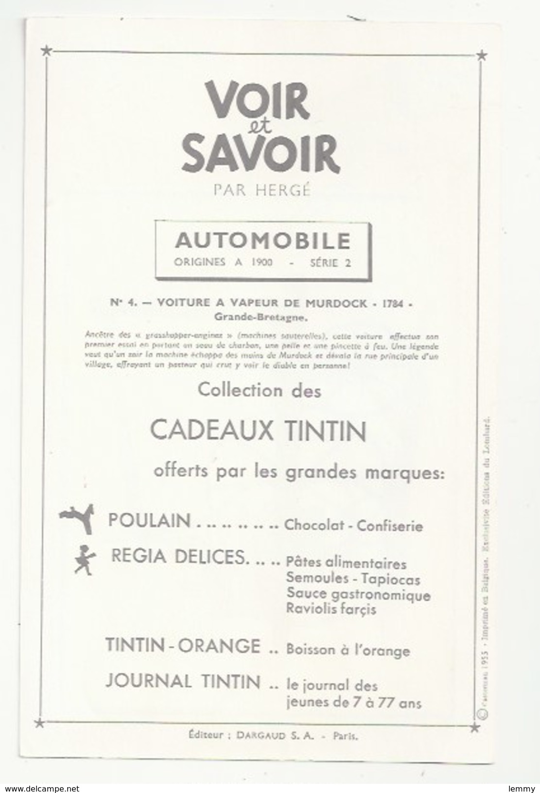 CHEQUE TINTIN - HERGE - VOIR ET SAVOIR - AUTOMOBILE - VOITURE VAPEUR MURDOCK 1784 - ORIGINE À 1900 - SERIE 2 - N° 4 - Comics