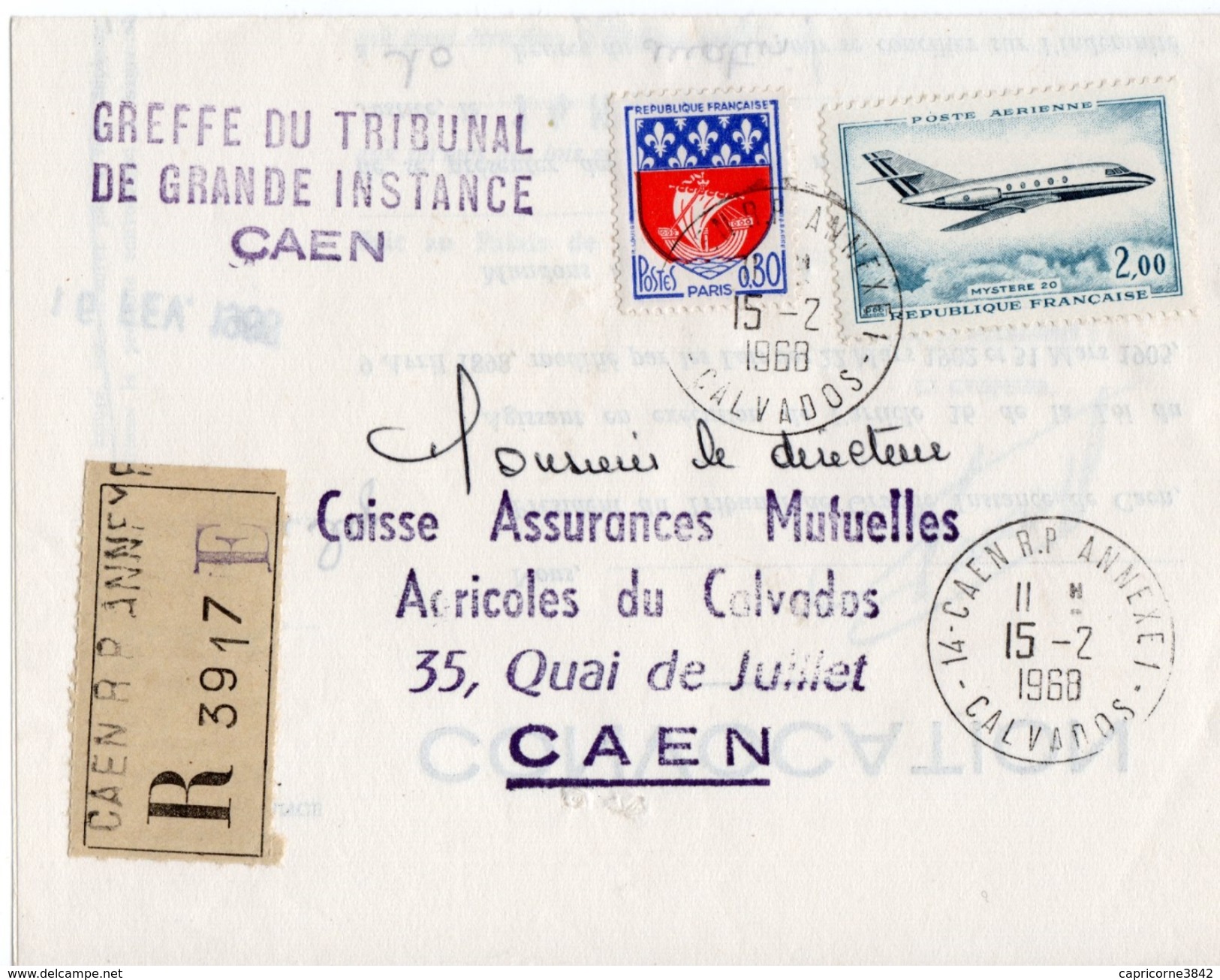 1968 - Lettre Enveloppe Recommandée. Obl "CAEN RP - ANNEXE 1" - Tp Poste Aérienne N°42 + Blason Paris N°1354B - 1960-.... Covers & Documents