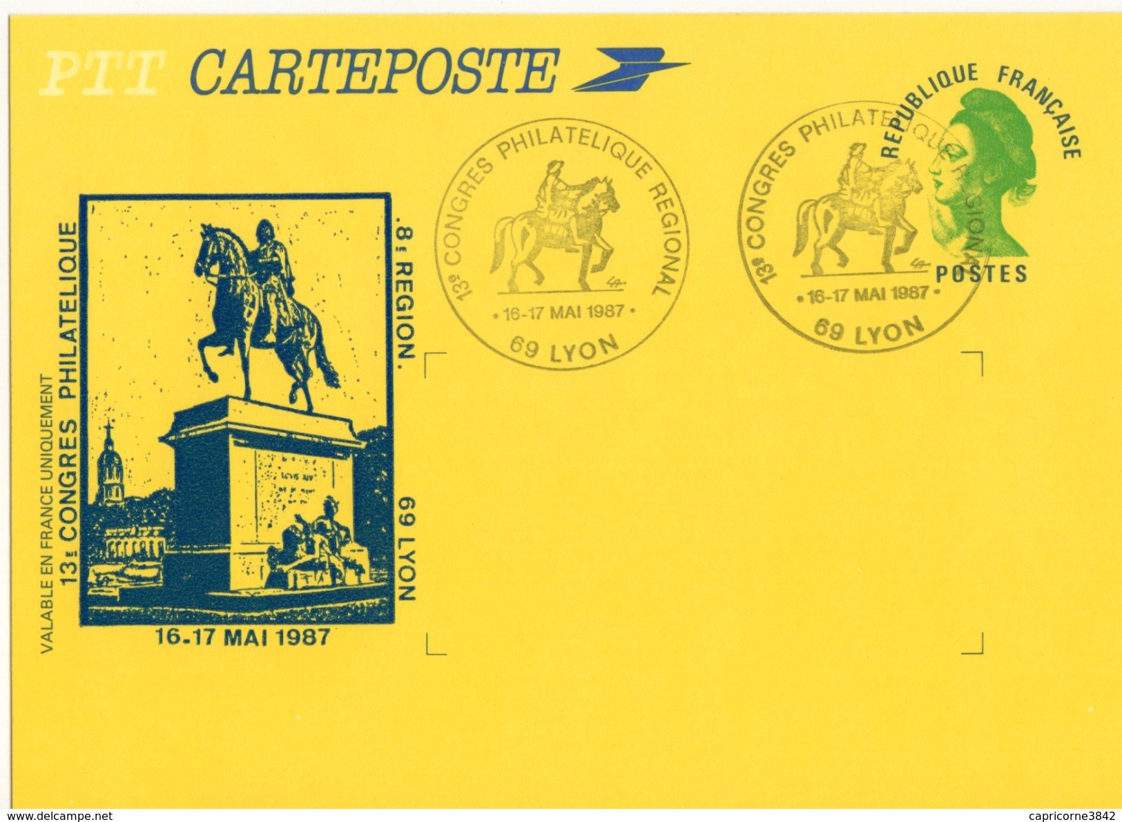 1987 - Entier Postal  - Tp Liberté De Gandon (2484A - CP) Repiqué - Obl 13e Congrès Philatélique Régional Lyon - Cartes Postales Repiquages (avant 1995)