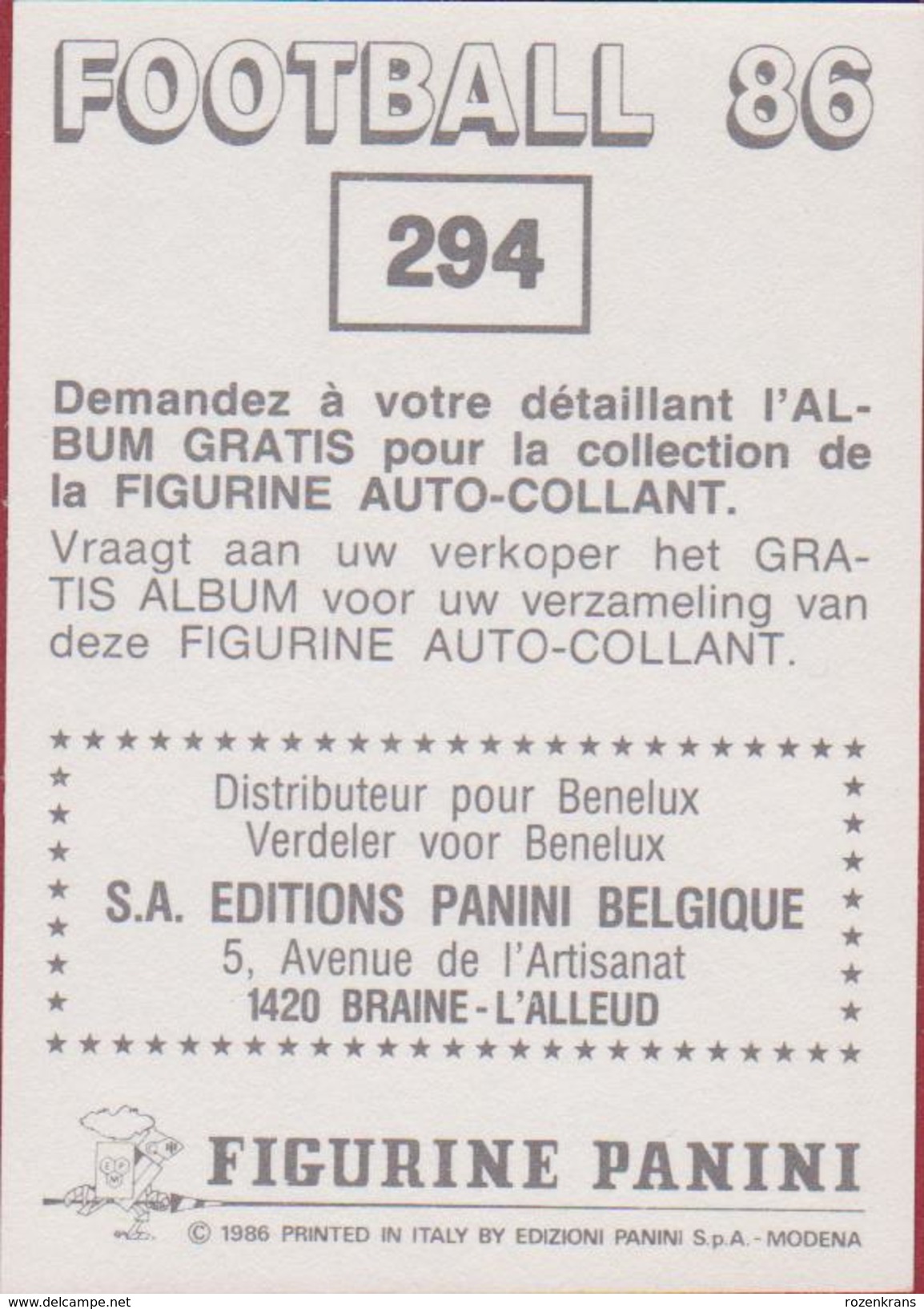 Panini Football 86 Voetbal Belgie Belgique 1986 Sticker CL Standard Club De Liège Luik Nr. 294 Guy Hellers Luxembourg - Sports