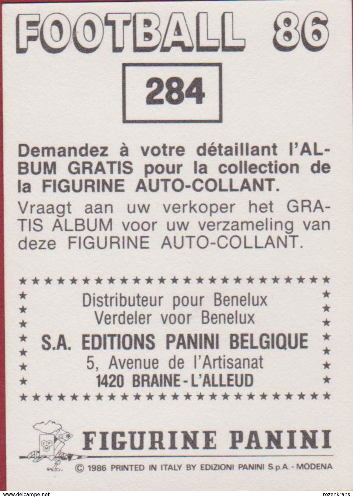 Panini Football 86 Voetbal Belgie Belgique 1986 Sticker FC Seraing Liege Luik  Nr. 284 Equipe Photo Ploegfoto - Sports