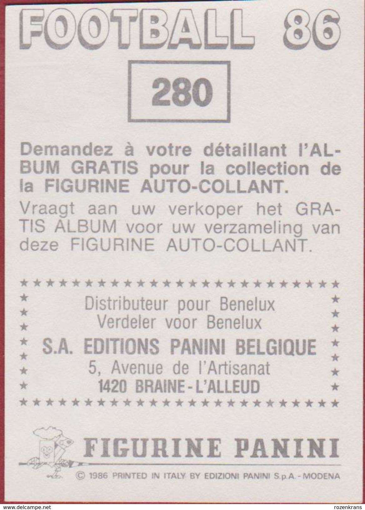 Panini Football 86 Voetbal Belgie Belgique 1986 Sticker FC Seraing Liege Luik  Nr. 280 Tony Englebert - Sports