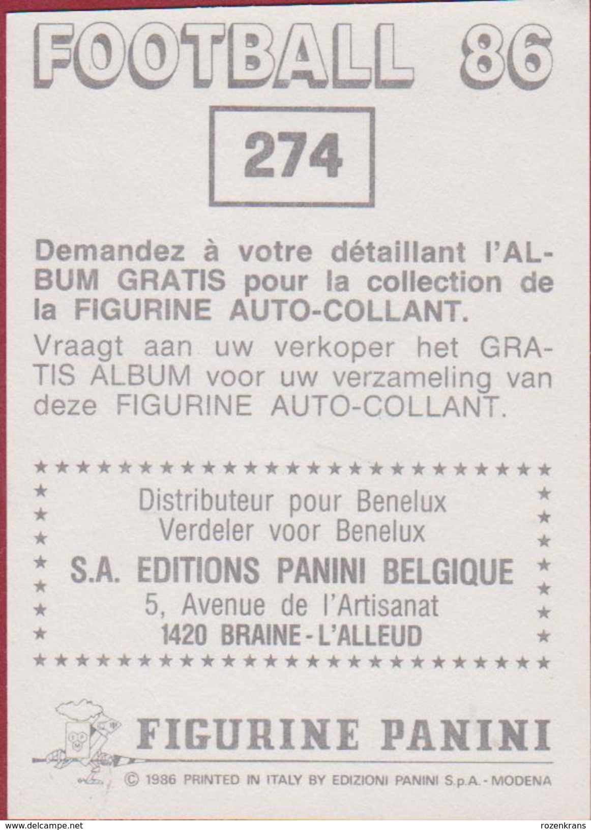 Panini Football 86 Voetbal Belgie Belgique 1986 Sticker FC Seraing Liege Luik  Nr. 274 Didier Frenay - Sports