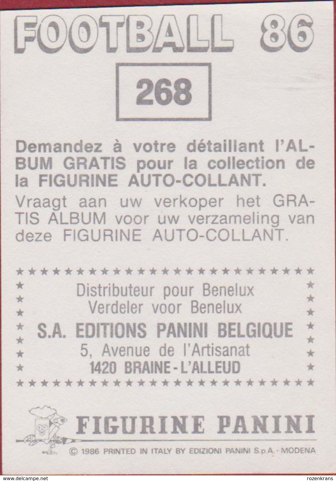 Panini Football 86 Voetbal Belgie Belgique 1986 Sticker FC Seraing Liege Luik  Nr. 274 Didier Frenay - Sports