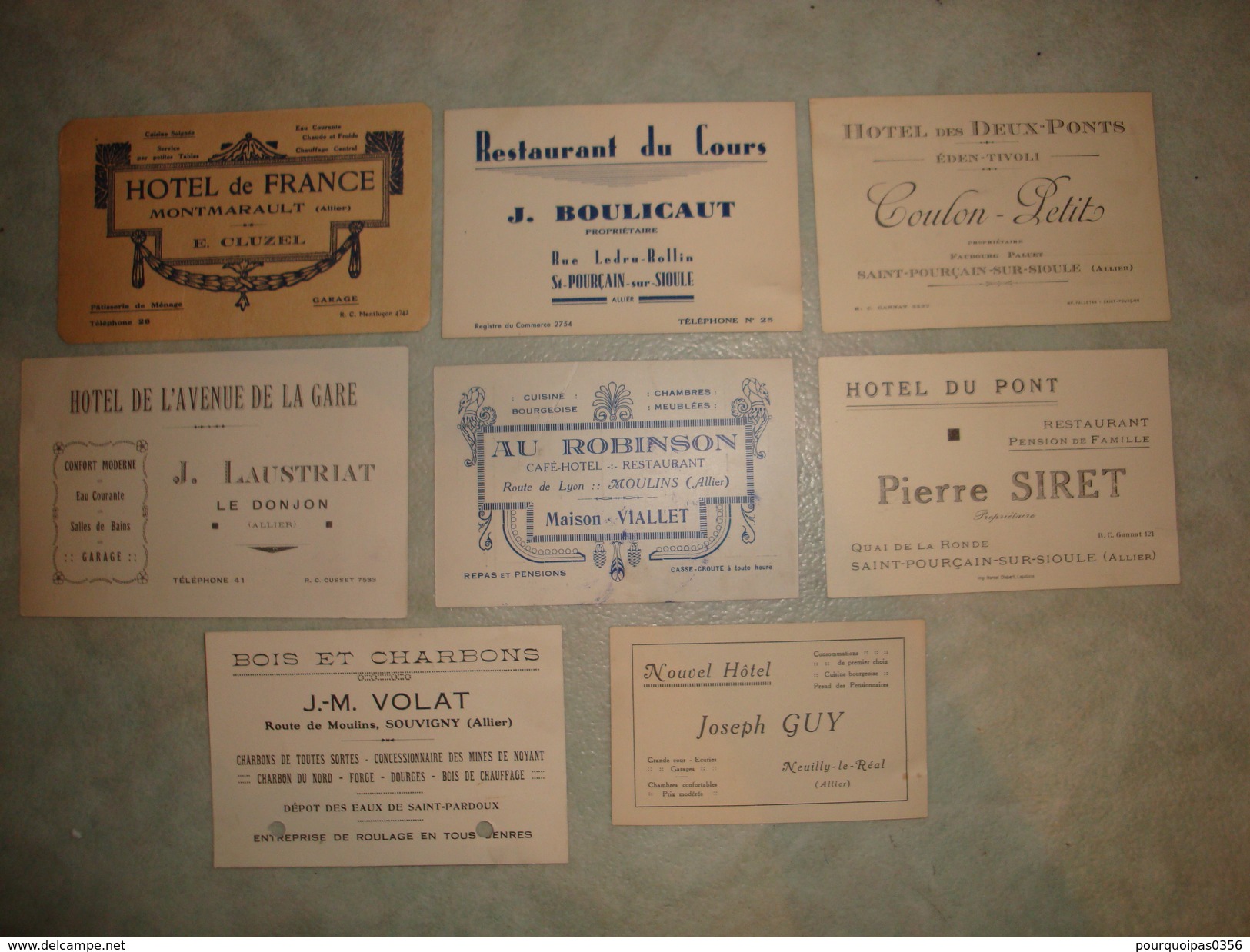 LOT DE 8 CARTES DE VISITE ALLIER MOULINS MONTMARAULT LE DONJON SAINT POURCAIN SOUVIGNY NEUILLY HOTEL RESTAURANT CAFE - Cartes De Visite