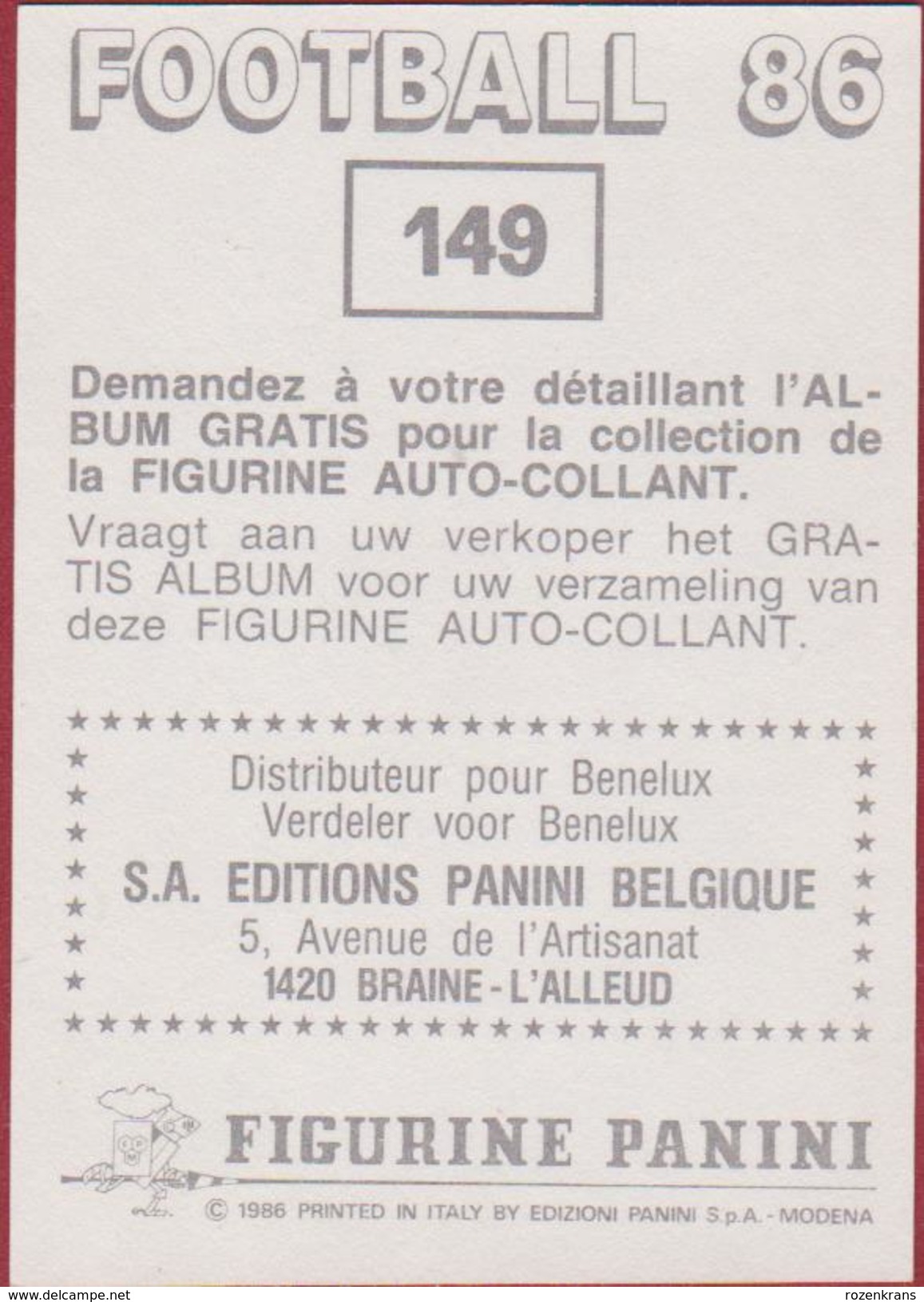 Panini Football 86 Voetbal Belgie Belgique 1986 Sticker AA KAA Gent La Gantoise Nr. 149 Thierry Pister - Sports