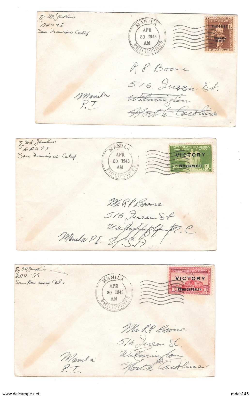 Philippines Manila 3 Covers Victory Issues April 30 1945 Sc. 486 487 489 - Philippines