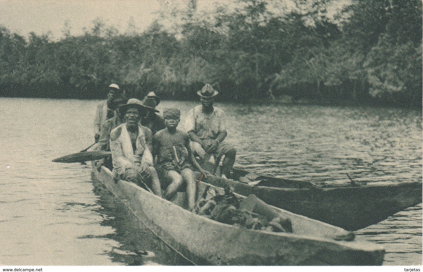 POSTAL DE GUINEA DE UNA FAMILIA NAVEGANDO EN EL RIO KONGÜE (PUBLICACIONES PATRIOTICAS) EXPO IBERO-AMERICANA SEVILLA 1929 - Guinea Equatoriale