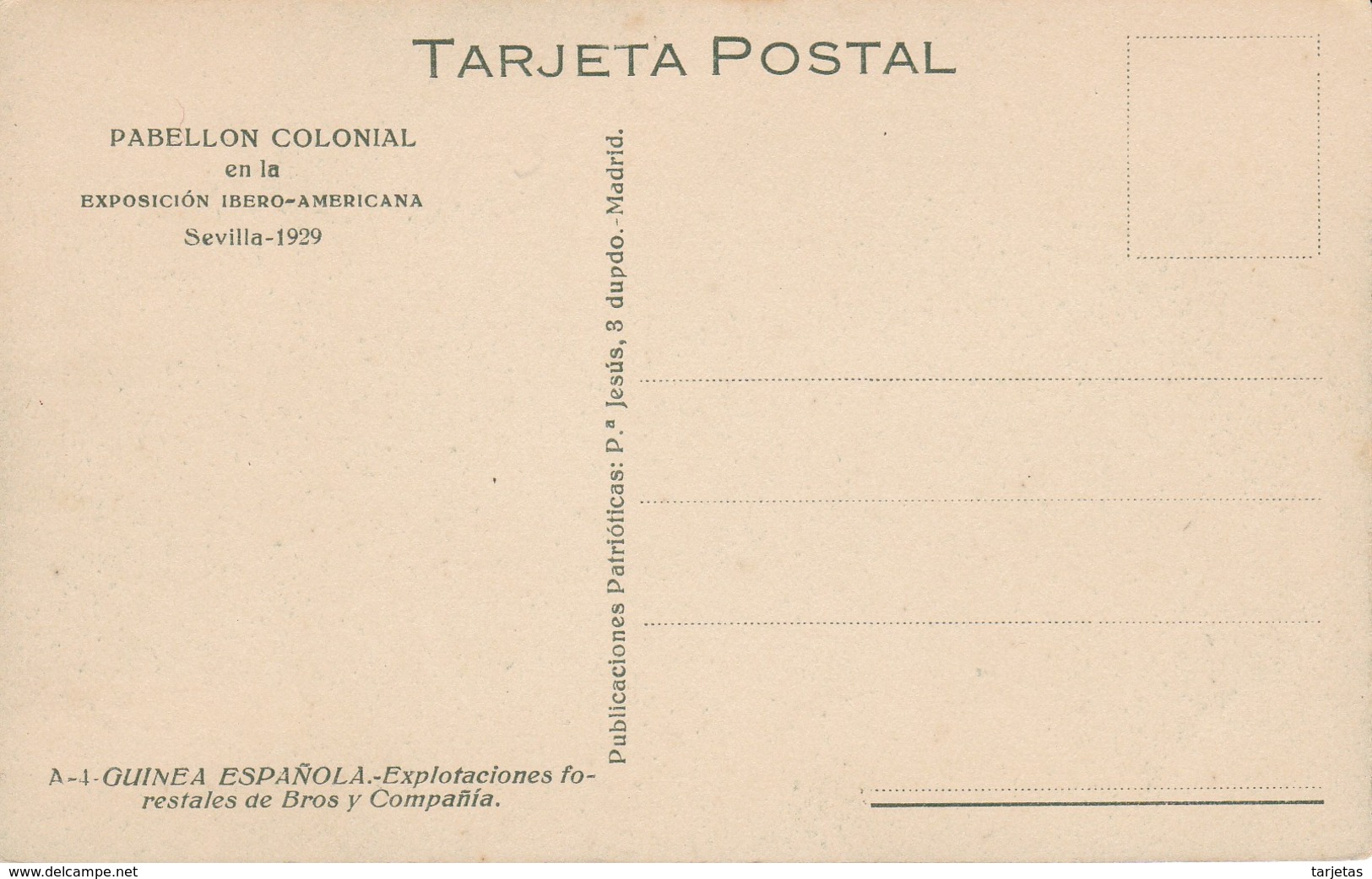 POSTAL DE GUINEA ESPAÑOLA EXPLOTACION FORESTAL BROS Y COMP (PUBLICACIONES PATRIOTICAS) EXPO IBERO-AMERICANA SEVILLA 1929 - Guinea Ecuatorial