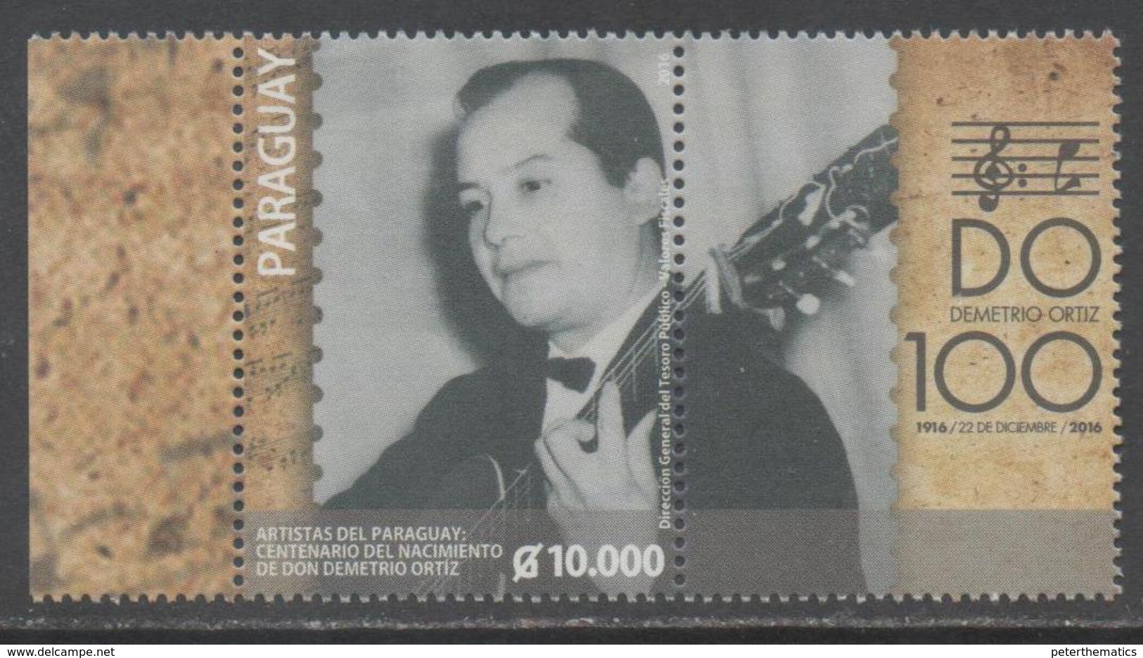 PARAGUAY, 2016, MNH, MUSIC, GUITARS, DEMETRIO ORTIZ,1v+TAB - Musique