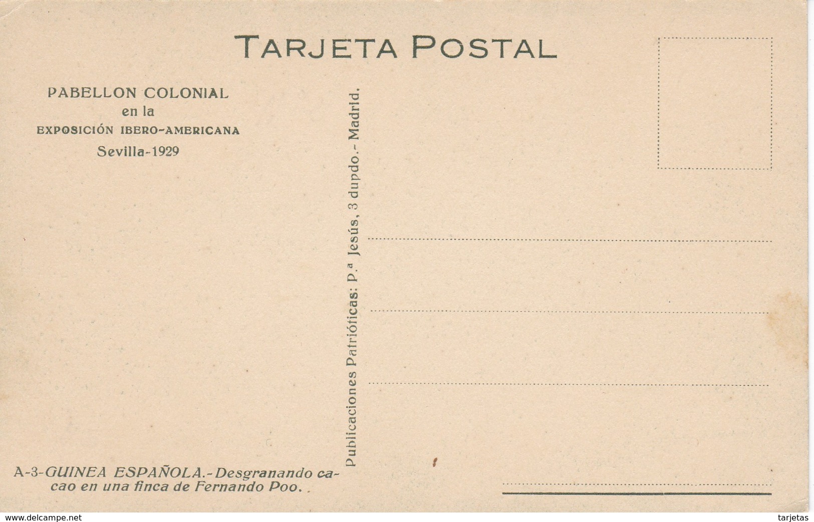 POSTAL DE GUINEA ESPAÑOLA DESGRANANDO CACAO EN UNA FINA DE FERNANDO POO (EXPO IBERO-AMERICANA SEVILLA 1929) - Guinea Ecuatorial