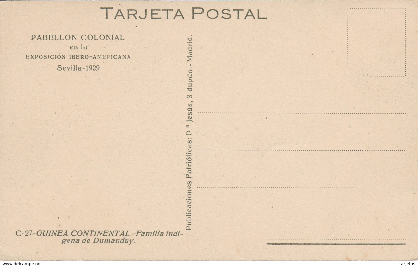 POSTAL DE GUINEA ESPAÑOLA DE UNA FAMILIA INDIGENA DE DUMANDUY (EXPO IBERO-AMERICANA SEVILLA 1929) - Guinea Ecuatorial