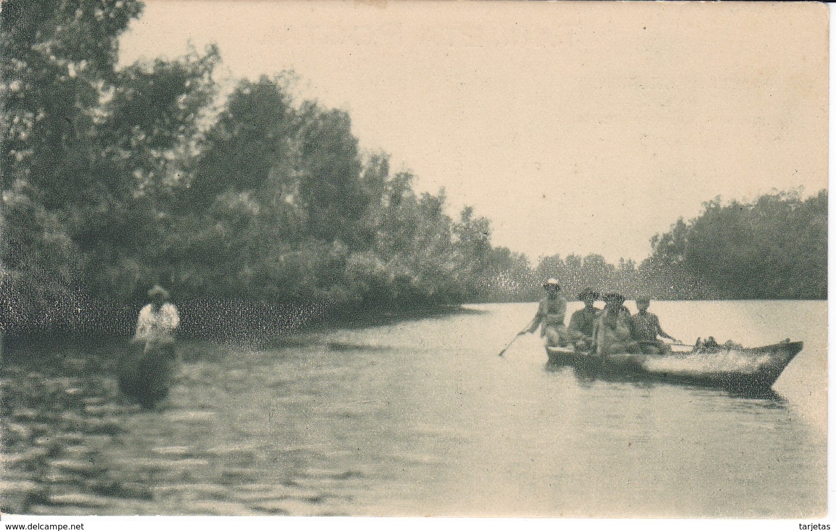 POSTAL DE GUINEA ESPAÑOLA DE EMBARCACIONES INDIGENAS EN EL RIO BIKABA (EXPO IBERO-AMERICANA SEVILLA 1929) - Guinea Ecuatorial