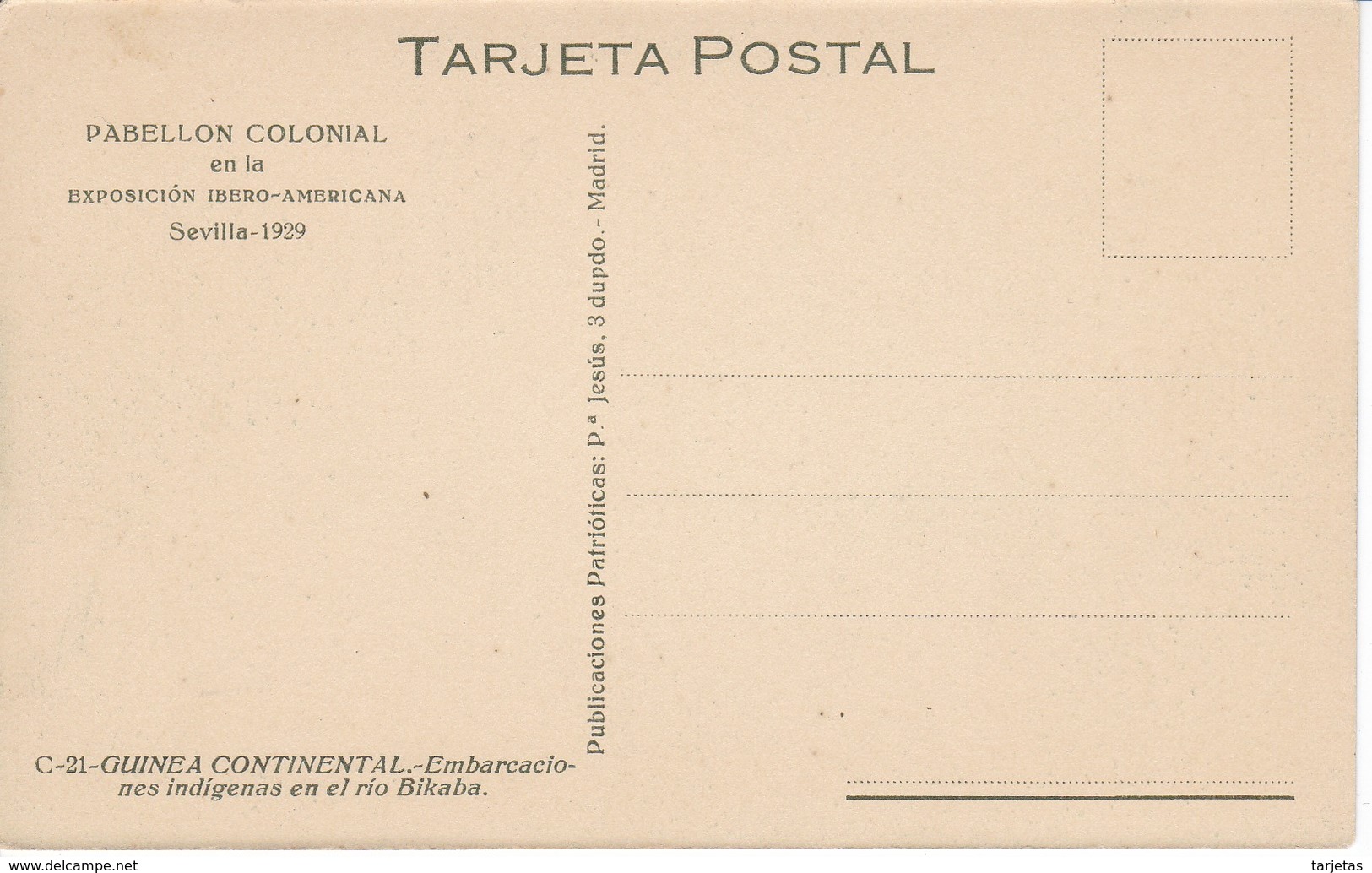 POSTAL DE GUINEA ESPAÑOLA DE EMBARCACIONES INDIGENAS EN EL RIO BIKABA (EXPO IBERO-AMERICANA SEVILLA 1929) - Guinea Ecuatorial