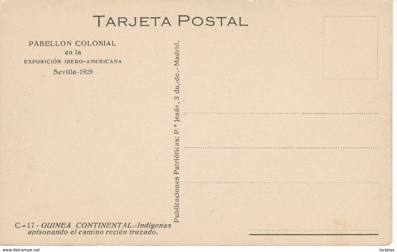 POSTAL DE GUINEA ESPAÑOLA DE INDIGENAS APISONANDO EL CAMINO RECIEN TRAZADO (EXPO IBERO-AMERICANA SEVILLA 1929) - Guinea Ecuatorial