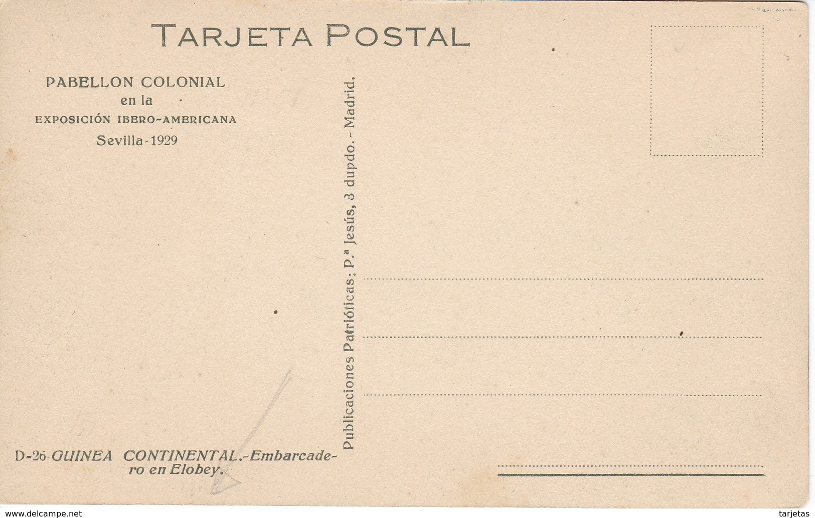 POSTAL DE GUINEA ESPAÑOLA DEL EMBARCADERO EN ELOKEY (EXPO IBERO-AMERICANA SEVILLA 1929) - Guinea Ecuatorial