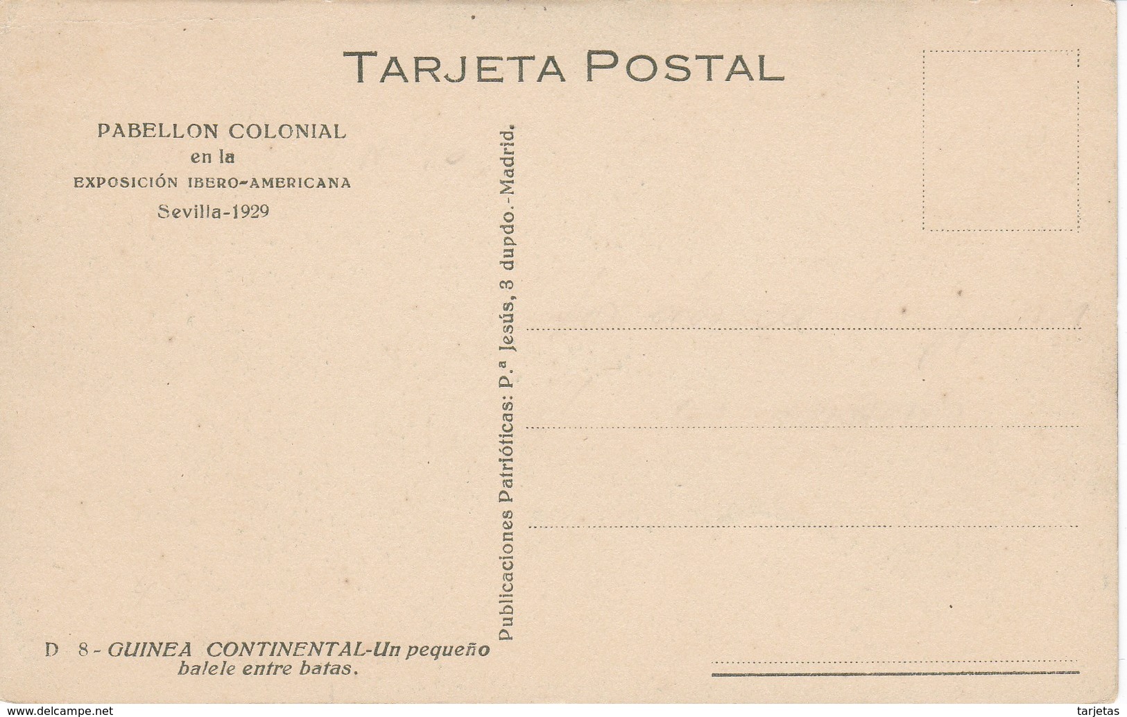 POSTAL DE GUINEA ESPAÑOLA DE UN PEQUEÑO BALELE ENTRE BATAS (EXPO IBERO-AMERICANA SEVILLA 1929) - Guinea Equatoriale