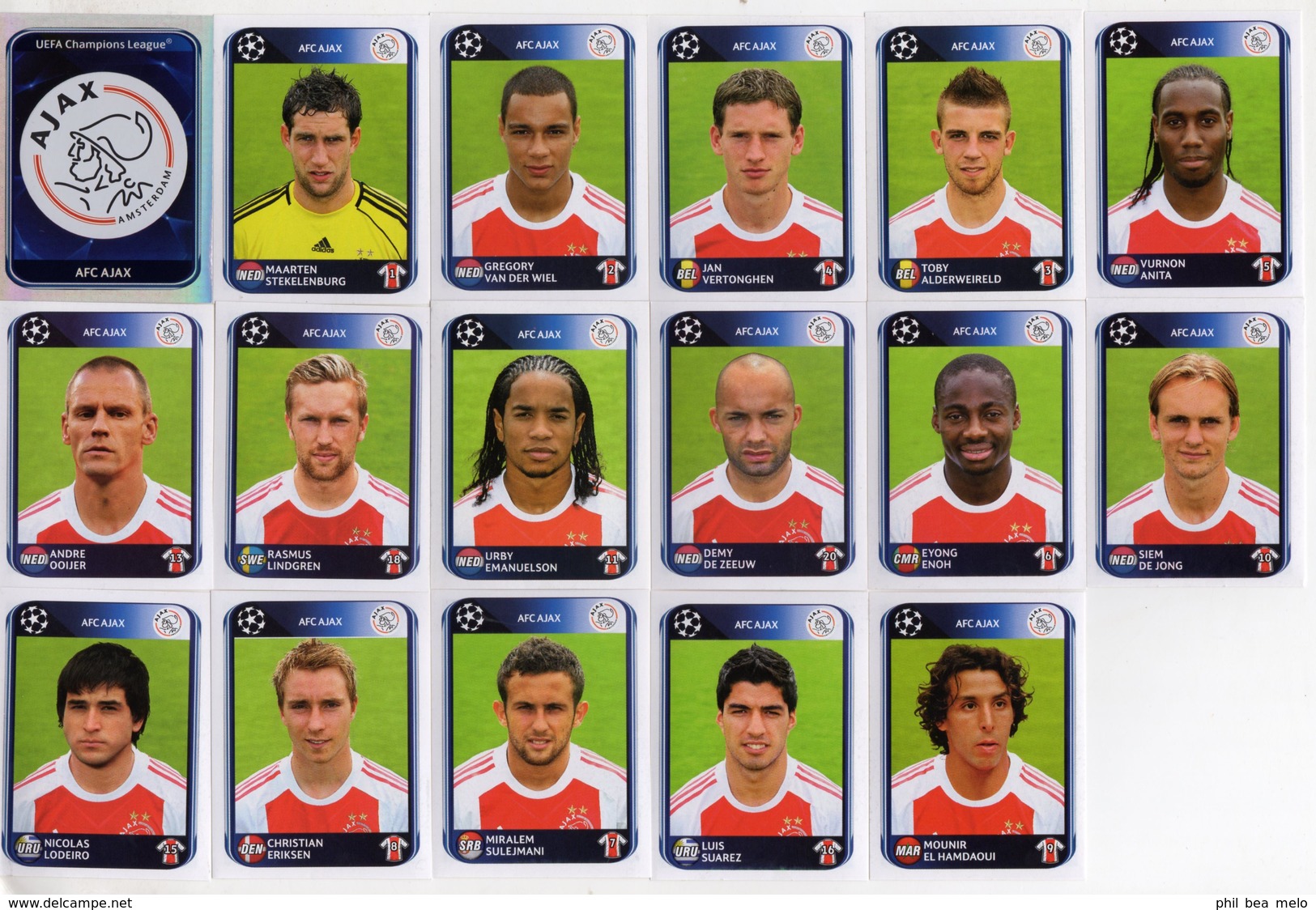 FOOT STICKERS PANINI UEFA CHAMPIONS LEAGUE 2010/11 N°447 à 463 AFC AJAX AMSTERDAM EQUIPE COMPLETE 17 STICKERS - Edition Française