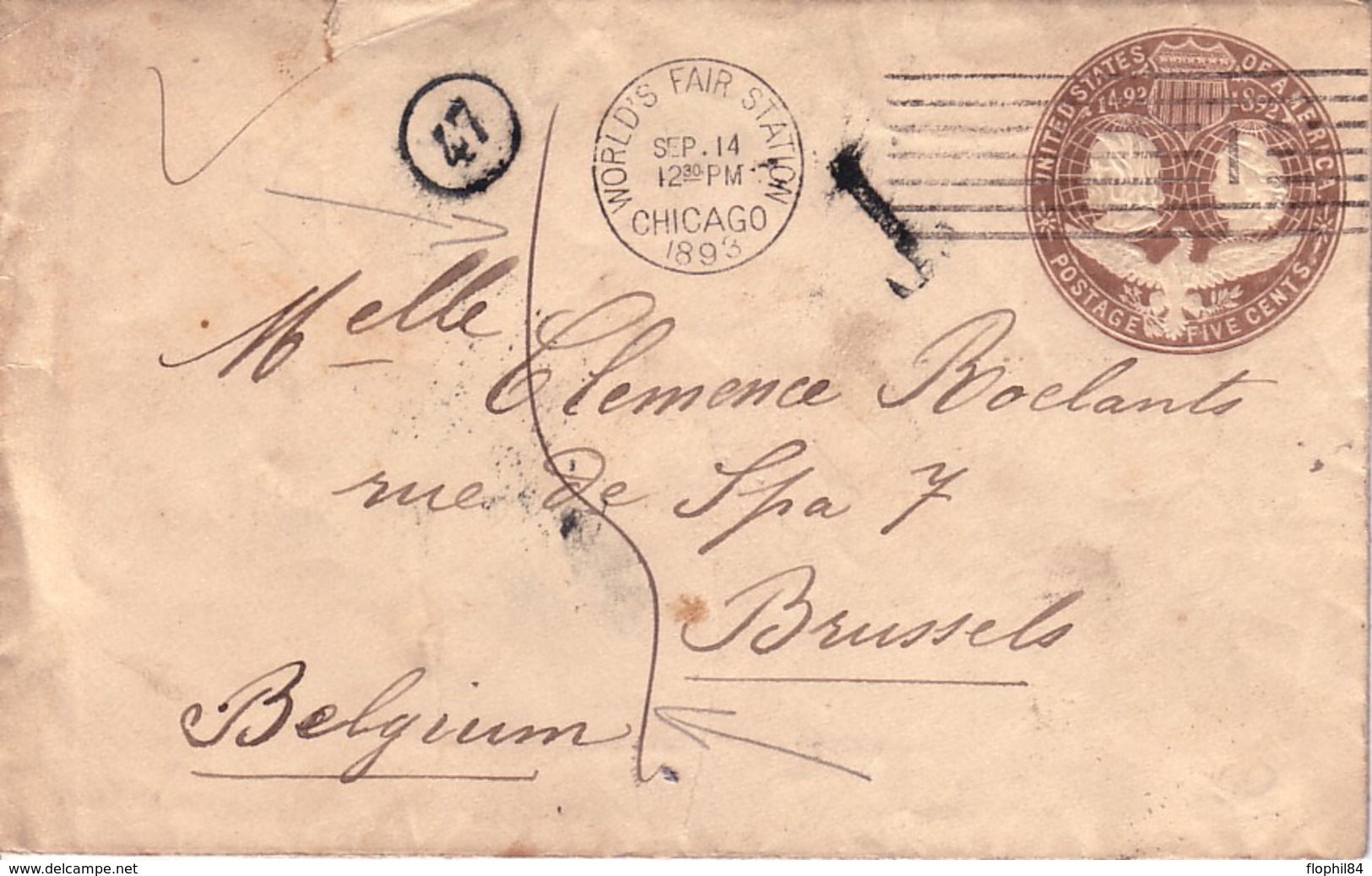 ETATS UNIS - ENTIER POSTAL DE 1893 - POUR LA BELGIQUE - TAXE MANUSCRITE 5. - ...-1900