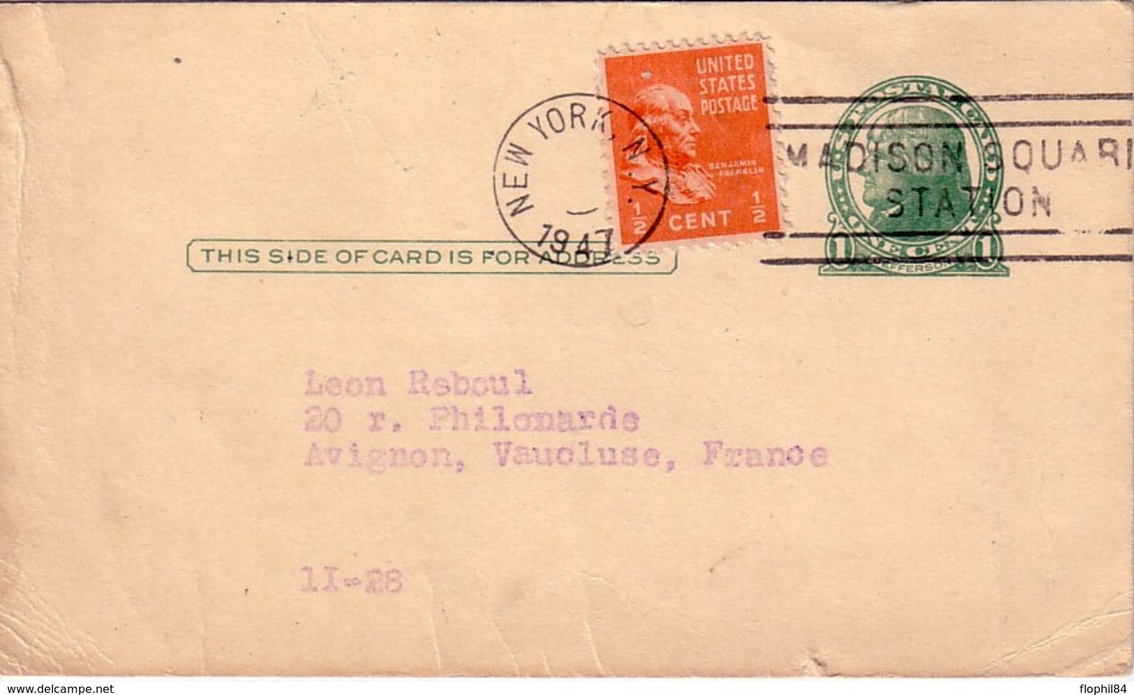 ETATS UNIS - ENTIER POSTAL AVEC COPLEMENT POUR LA FRANCE - 1947. - 1941-60