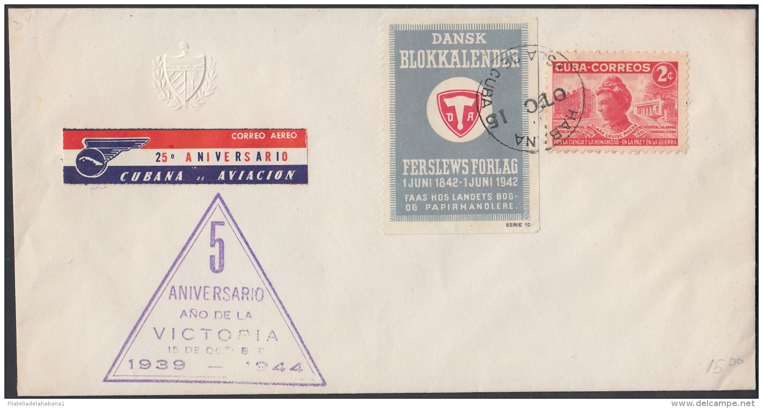 1944-CE-10  CUBA 1944 SPECIAL CANCEL 5 ANIVERSARIO COHETE POSTAL. POSTAL ROCKET. - Lettres & Documents