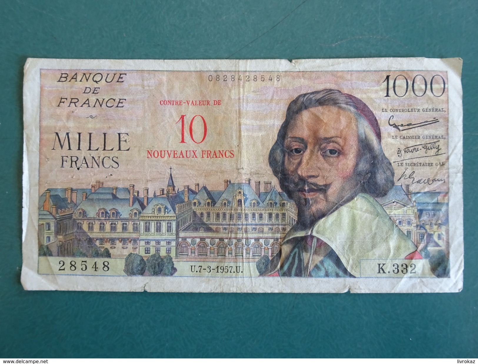 Billet De Banque, France, Richelieu 1000 Francs SURCHARGÉ 10 NOUVEAUX FRANCS 7/3/1957, N° 28548, K332, Bon état - 1955-1959 Sobrecargados (Nouveau Francs)