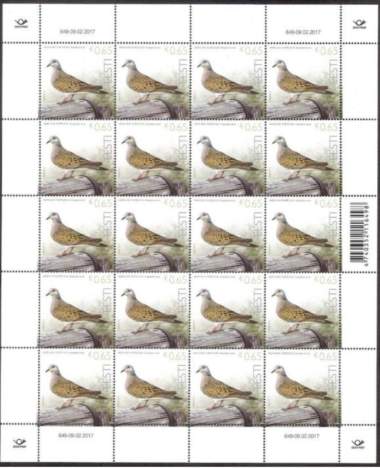 ESTONIA 2017 Turtledove Dove Pigeon Bird Columbidae Paloma Piccione Sheet (20v) MNH - Tauben & Flughühner