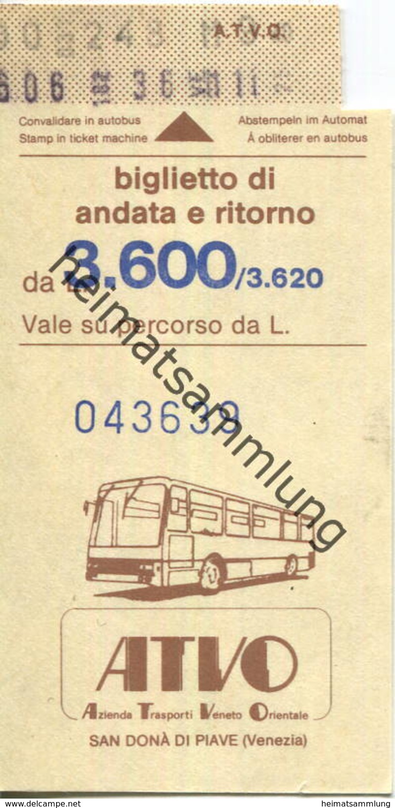 Italien - ATVO - Biglietto - Bus-Fahrschein L. 3.600 - Europe