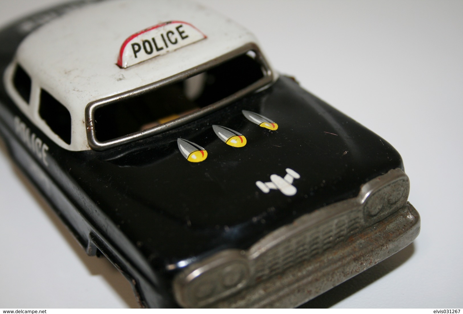 Vintage TIN TOY CAR : mark UNKNOWN - Police Car - 13cm - JAPAN - 1940s/50s - Tin Friction Powered Police Car