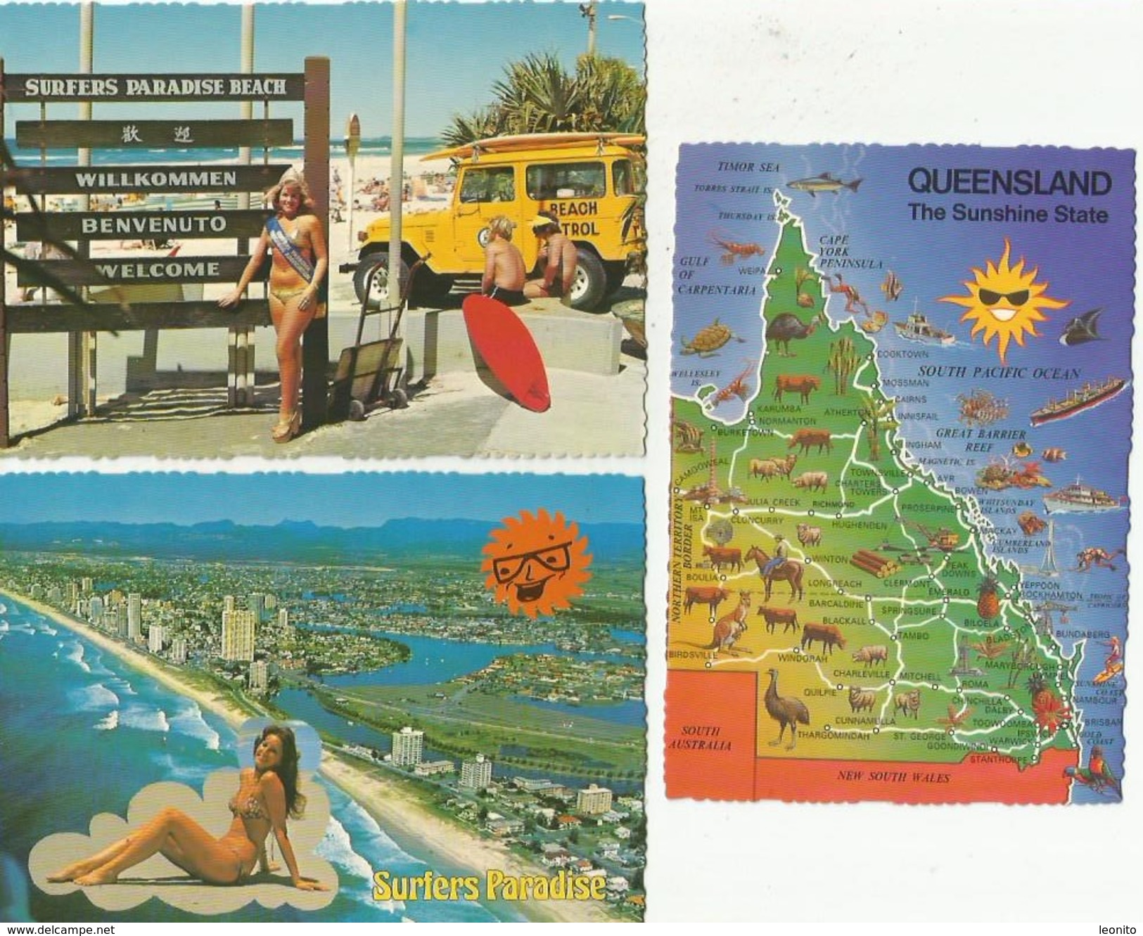 SURFERS PARADISE Australia Queensland Gold Coast Welcome Sign Map 3 Cards - Gold Coast