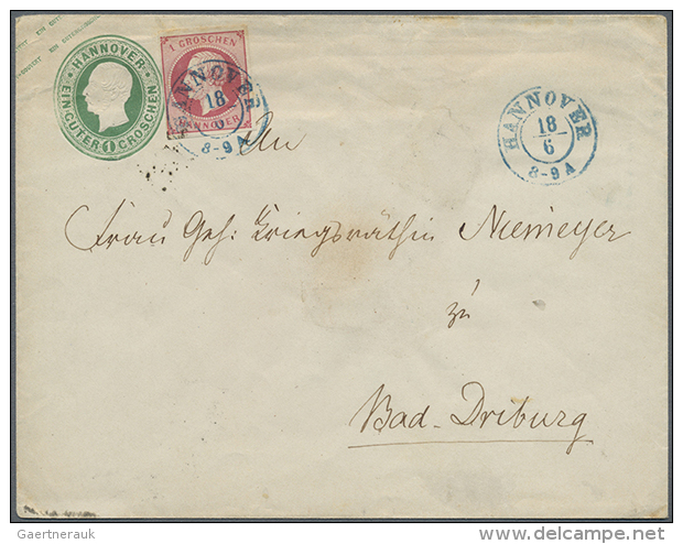 1859, Ganzsachenumschlag 1 GGr Gr&uuml;n Im Gro&szlig;format Mit Ungew&ouml;hnlicher Zusatzfrankatur 1 Groschen... - Hanovre