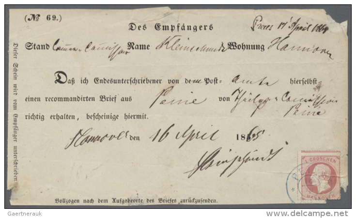 1864, Vordruck-Emfangsbest&auml;tigung Mit Durchstochener 1 Gr. Rot, Weisser Gummi Als 
Einzelfrankatur Von... - Hanovre