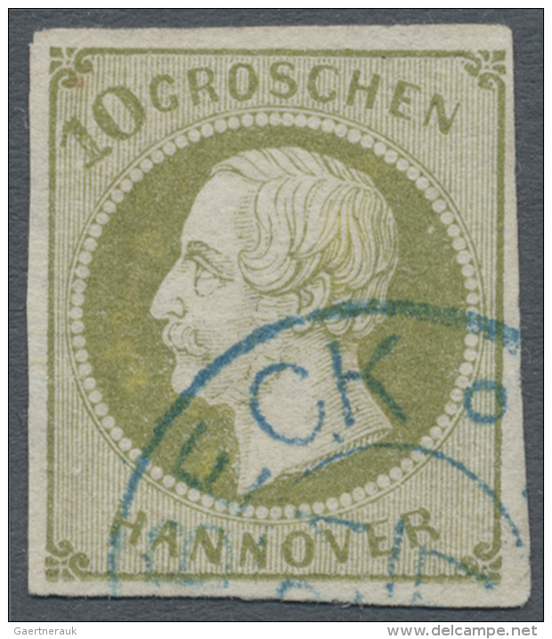 1861, Georg V 10 Gr. Dunkelgr&uuml;nlicholiv Mit Blauem K2 "EINBECK 21/7", Farbfrisch Und Allseits... - Hanover