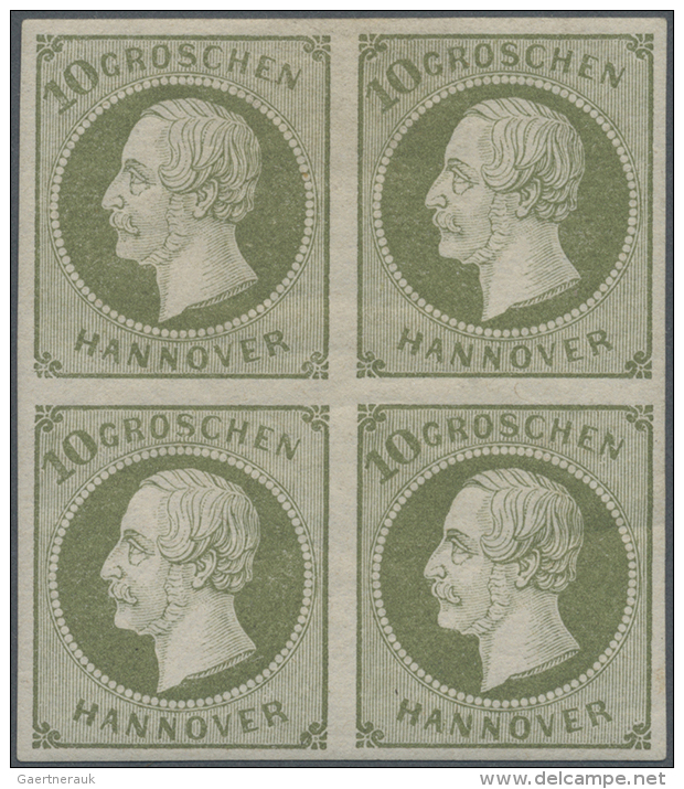 1861, 10 Gr. K&ouml;nig Georg V. Dunkelgr&uuml;nlciholiv, Ungebrauchter Viererblock, Oberes Paar Mit Falz, Unteres... - Hanover