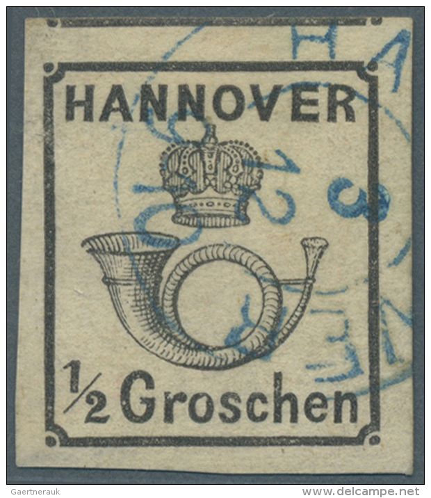 1860, &frac12; Gr. Schwarz, Allseits Breitrandig, Sauber Entwertet Mit Blauem K2 "HANNOVER / 3 12...", Signiert... - Hanovre