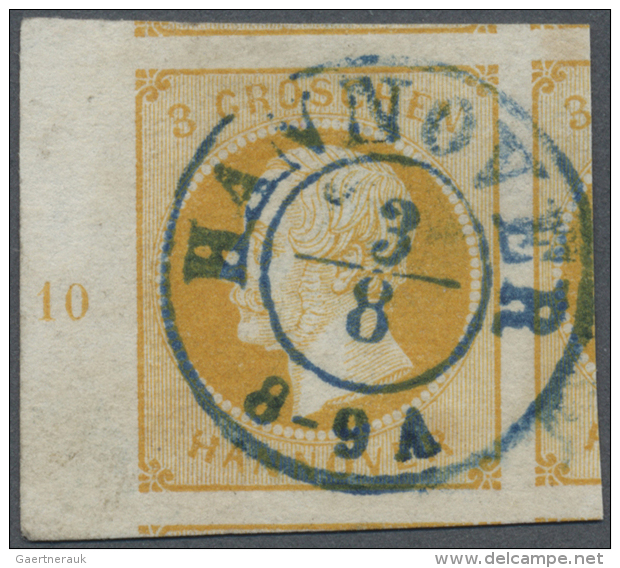 1859, Freimarke K&ouml;nig Georg V. 3 Gr Gelborange, Links Mit Randnummer 10, Extrem Breitrandig Mit Teilen Von 4... - Hanovre