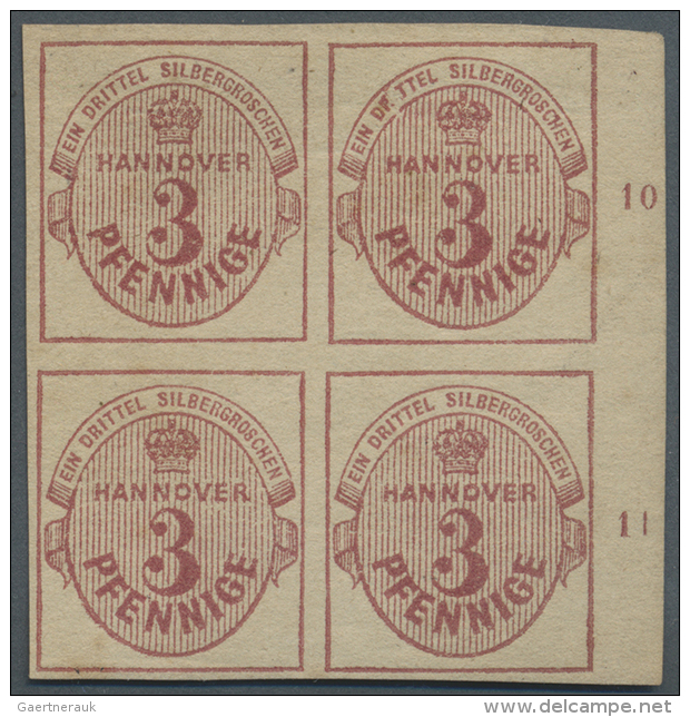1859, 3 Pf. / 1/3 Sgr. Karminrot Im 4-er Block, 2 Marken Ungebraucht, 2 Marken Postfrisch Vom Rechten Seitenrand... - Hanovre