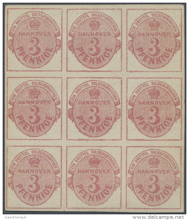 1859, 3 Pfg. Rotkarmin, Allseits Breitrandiger Neuner-Block, Ungebraucht Mit Vollem Originalgummi, Links Unten... - Hanovre