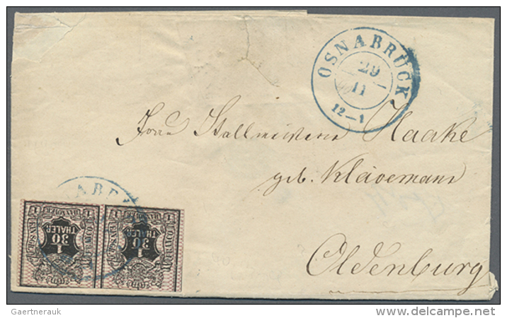 1851/56, Vier Briefe: 1856 Mehrfachfrankatur 1/30 Th. Schwarz/Netzwerk Tiefkarmin, Oben Etwas Angeschnitten Von... - Hanover