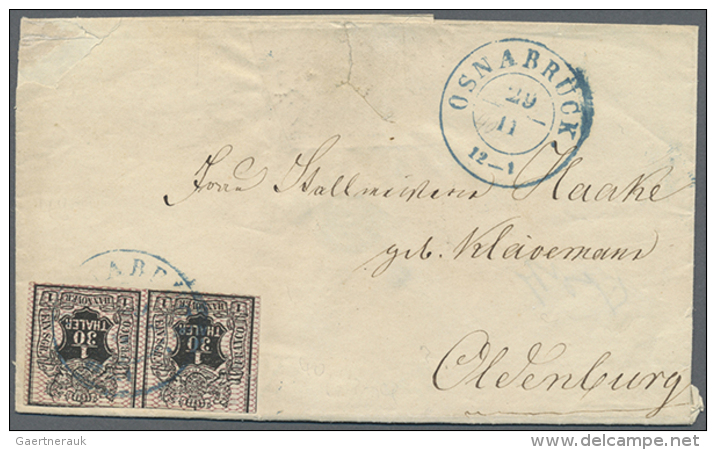 1851/56, Vier Briefe: 1856 Mehrfachfrankatur 1/30 Th. Schwarz/Netzwerk Tiefkarmin, Oben Etwas Angeschnitten Von... - Hanovre