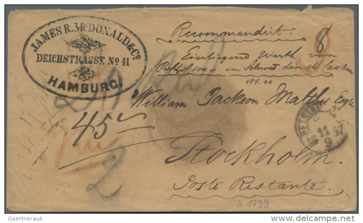 1857, Wertbrief Von Hamburg Nach Stockholm Mit Rs. DKr. HAMBURG K&Ouml;N. O.P.A. 9/9 Und Zwei Zus&auml;tzlichen... - Hamburg