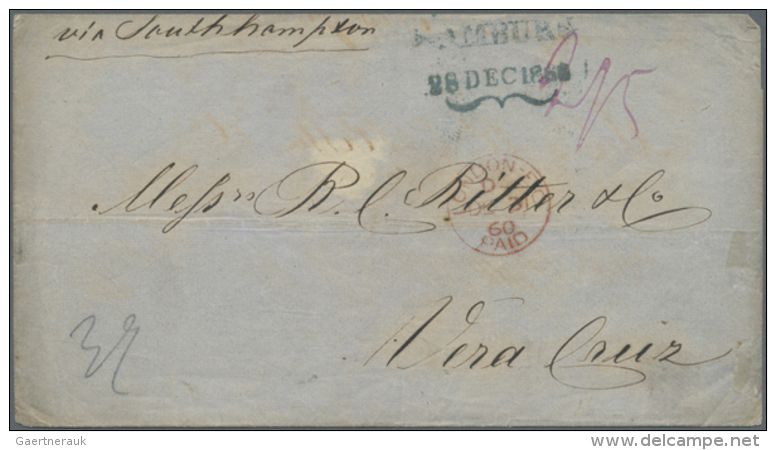 1860, Markenloser &Uuml;berseebrief: Schmetterlingsstempel "HAMBURG / 28 DEC 1860" In BLAU! Auf Briefh&uuml;lle... - Hamburg
