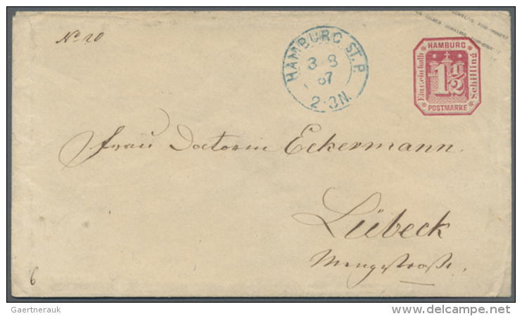 1866, GA-Umschlag 1 1/2 Sch. Karmin Mit Blauem K2 HAMBURG ST. P. / 3.8.67 Nach L&uuml;beck, Einwandfreie... - Hambourg