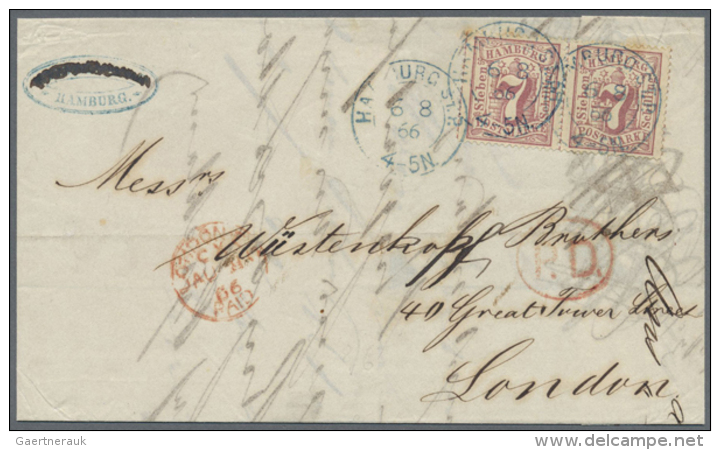 1866, Freimarken 7 Schilling Im Waagerechten Paar Auf Kabinett-Brief Vom 6.8. Nach London, Brief Mit Senkrechtem... - Hamburg