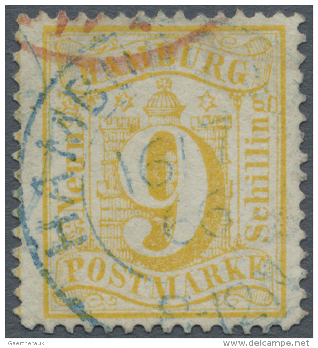 1864, 9 S Orangegelb, Gez&auml;hnt Mit Blauem K2 "HAMBURG ST.P: 16/7 66", Oben Halber Zahn Und Rs. Beide Ecken... - Hambourg