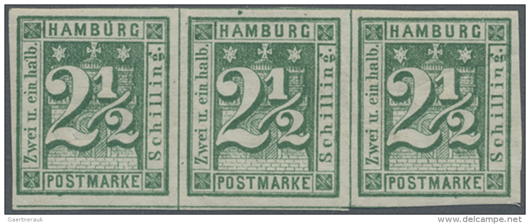 1864, 2 1/2 S. Dunkelgr&uuml;n, Ungebrauchter Waagerechter Dreierstreifen, Kleine Anhaftung Bei Den... - Hambourg